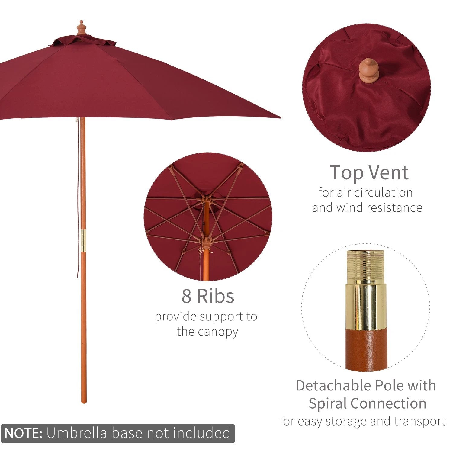 Outsunny 2.5m Wood Garden Parasol Sun Shade Patio Market Umbrella Canopy with Top Vent - Parasol