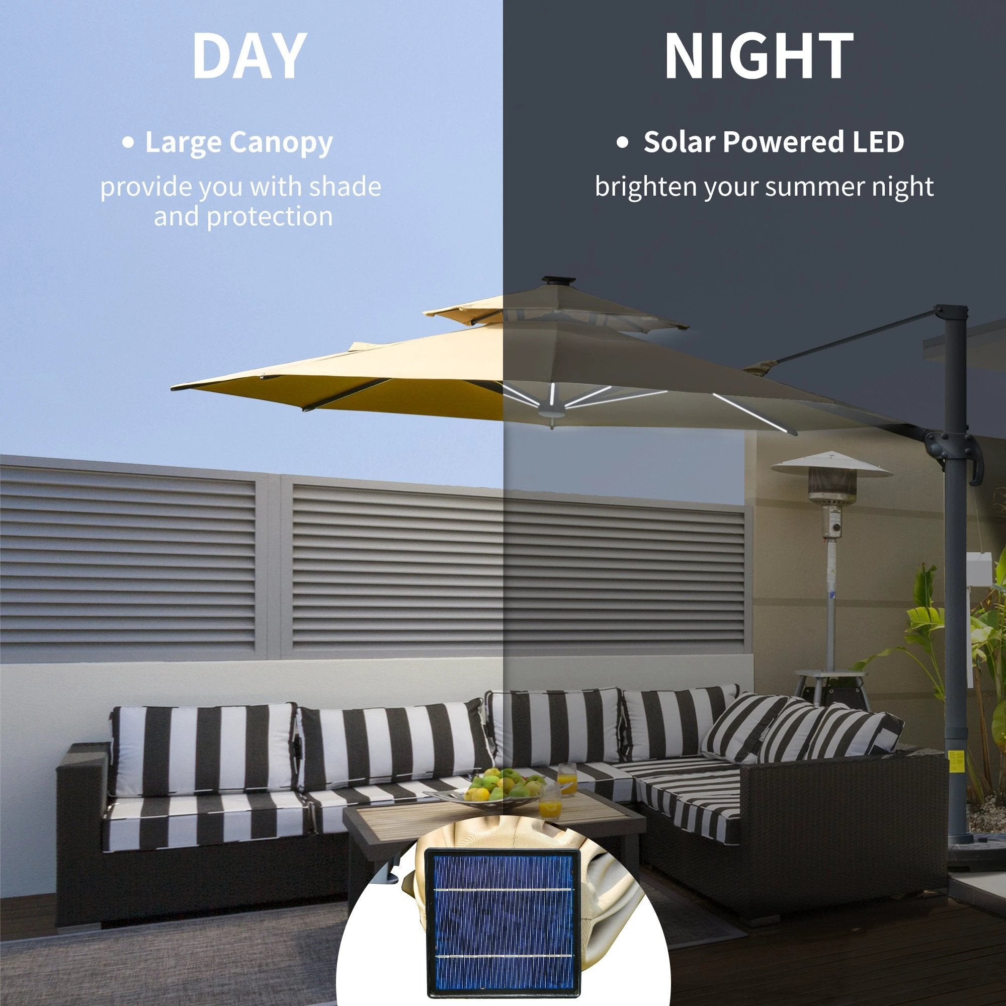 3m Cantilever Parasol w/ Solar Lights Power Bank Garden Umbrella 2-Tier Roof by Outsunny