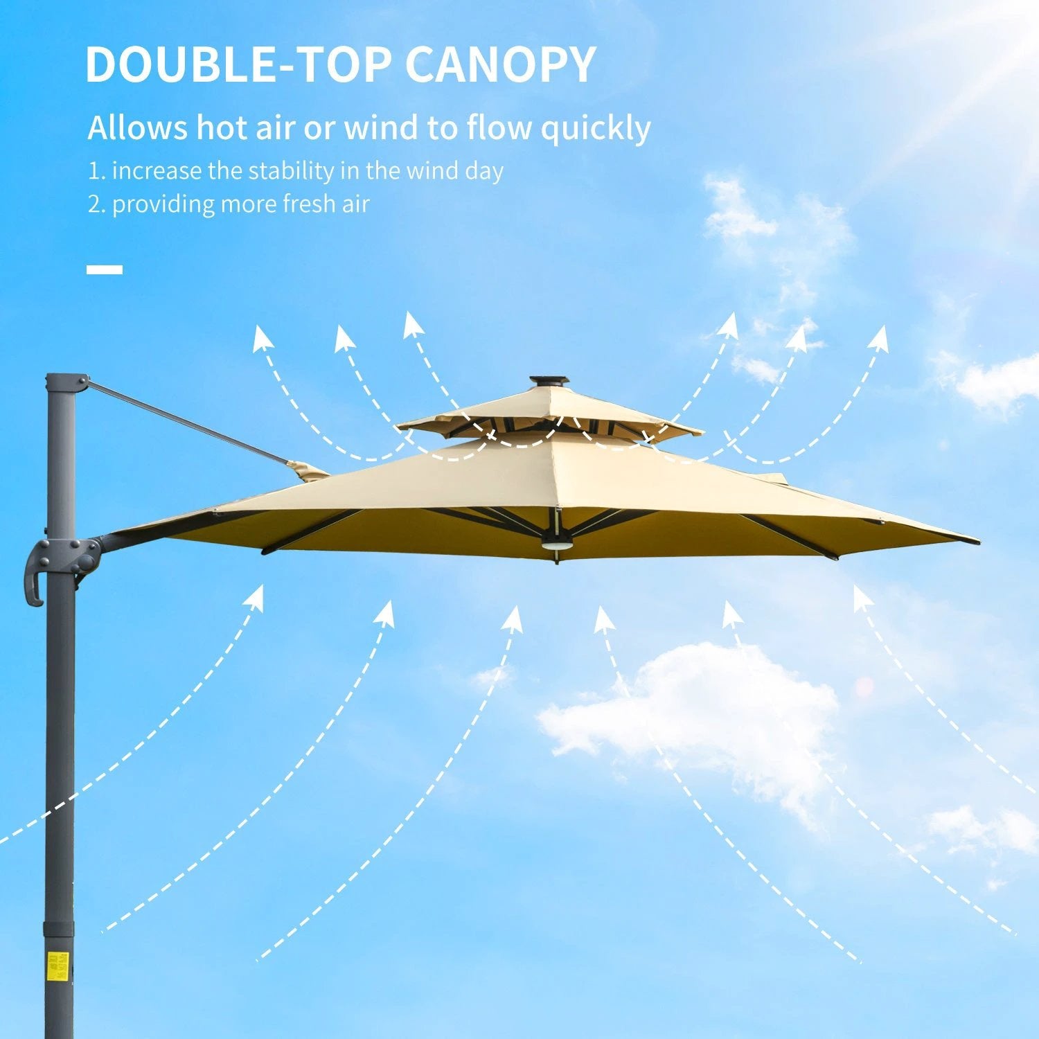 3m Cantilever Parasol w/ Solar Lights Power Bank Garden Umbrella 2-Tier Roof by Outsunny