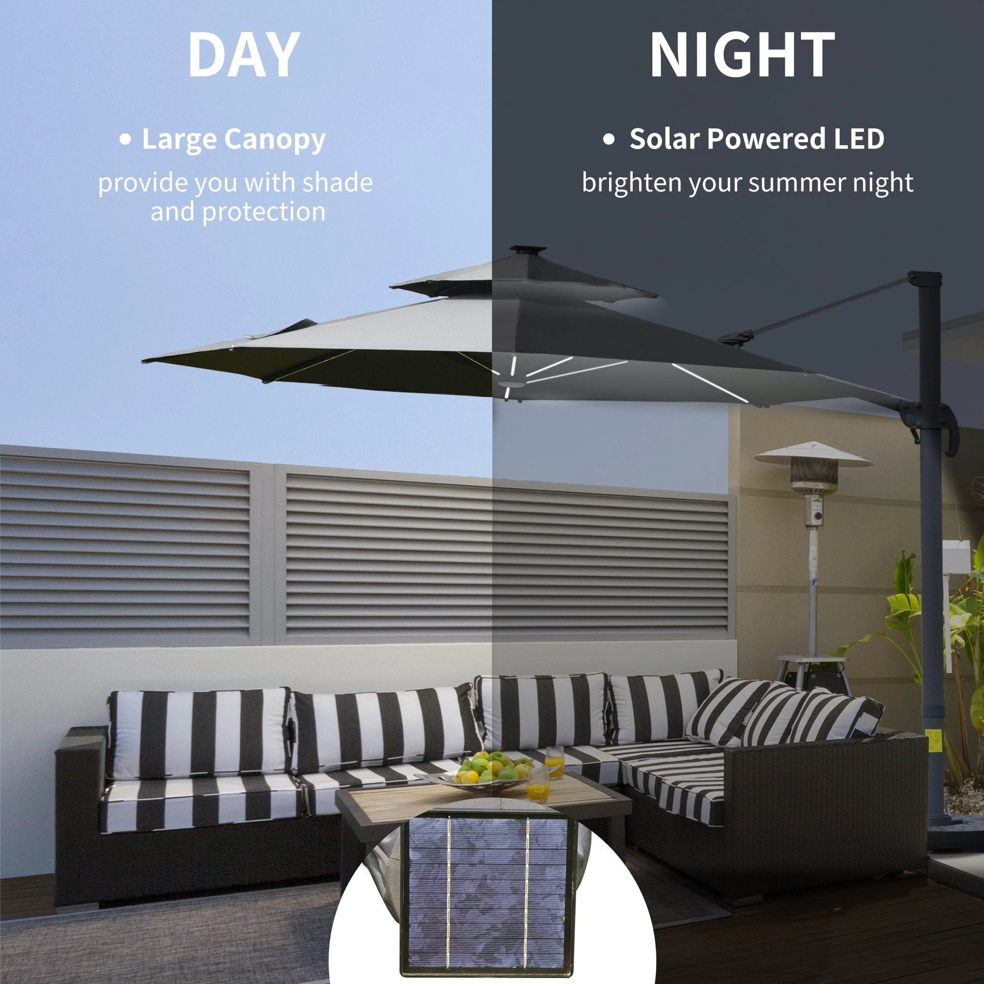 3m Cantilever Parasol w/ Solar Lights Power Bank Garden Umbrella 2-Tier Roof by Outsunny