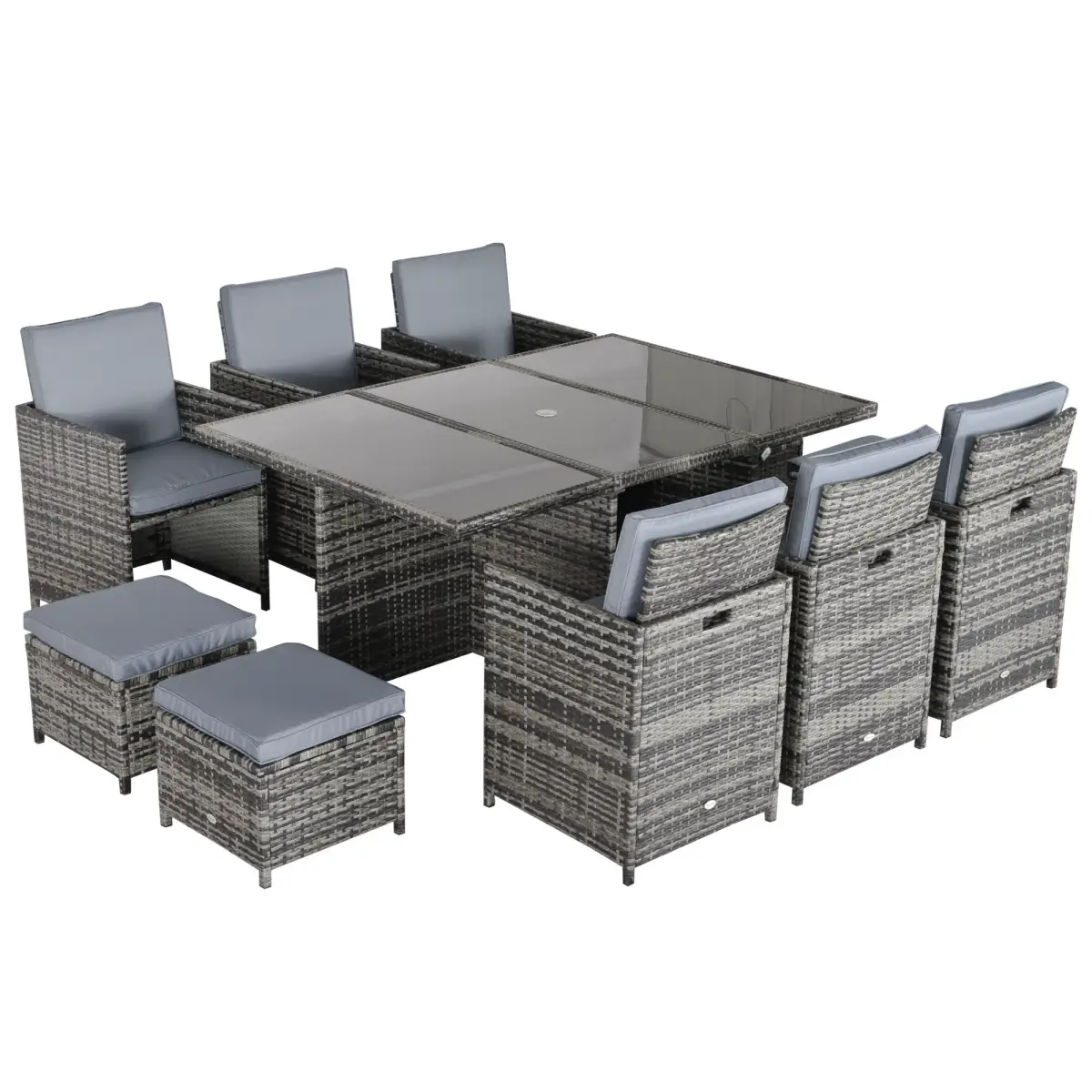 Outsunny 11pc Rattan Garden Dining Set 10 Cube Sofa 6 Chairs 4 Footrests & 1 Table - Garden Set
