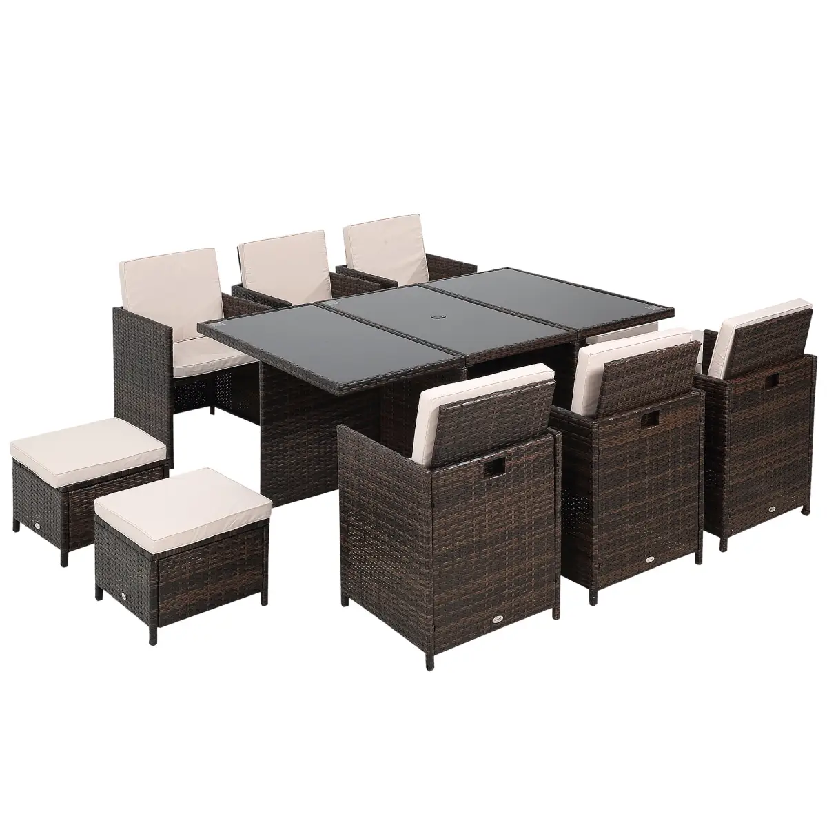 Outsunny 11pc Rattan Garden Dining Set 10 Cube Sofa 6 Chairs 4 Footrests & 1 Table - Garden Set
