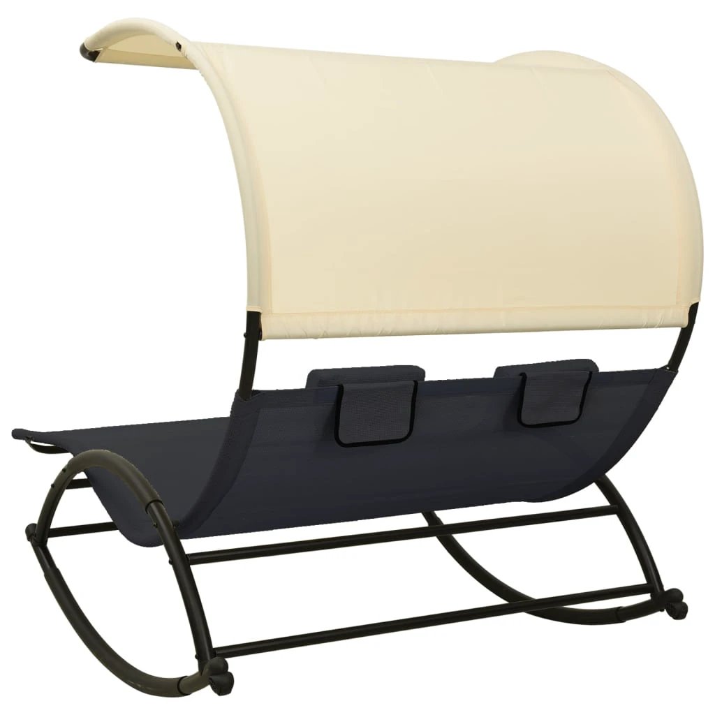 vidaXL Double Sun Lounger with Canopy Textilene Black and Cream by vidaXL