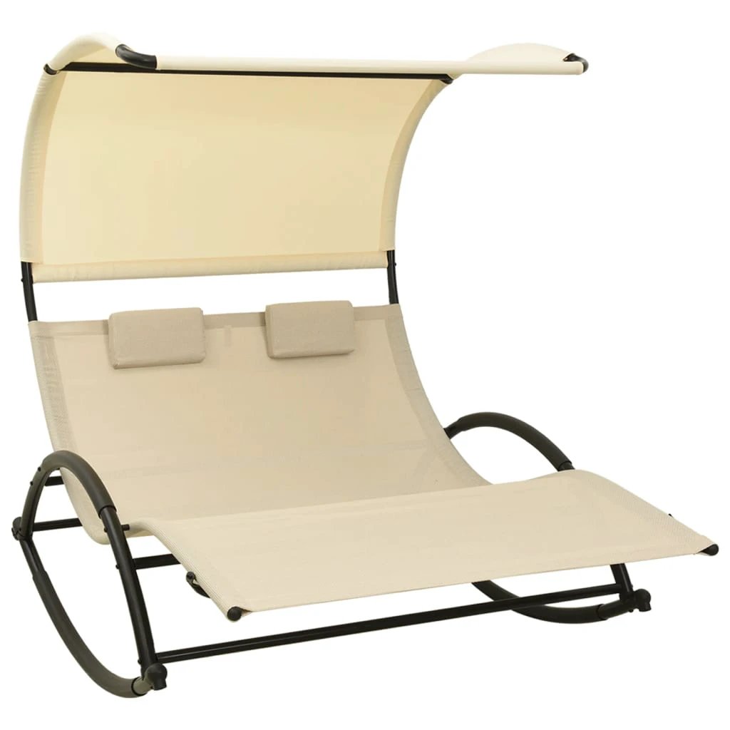 vidaXL vidaXL Double Sun Lounger with Canopy Textilene Black and Cream - Sun Lounger