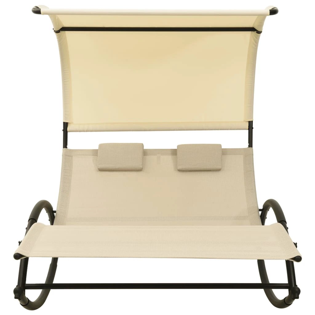 vidaXL vidaXL Double Sun Lounger with Canopy Textilene Black and Cream - Sun Lounger