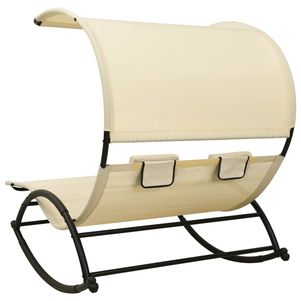 vidaXL vidaXL Double Sun Lounger with Canopy Textilene Black and Cream - Sun Lounger