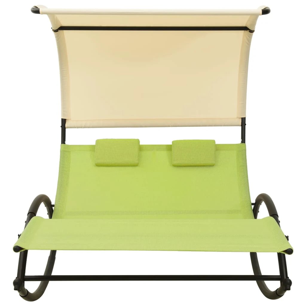 vidaXL vidaXL Double Sun Lounger with Canopy Textilene Black and Cream - Sun Lounger