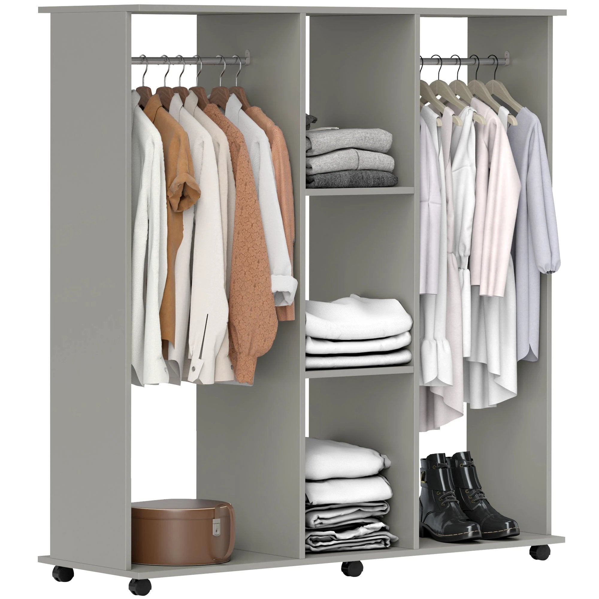 HOMCOM Mobile Double Open Wardrobe w/ Clothes Hanging Rail Clothing Grey - Wardrobe