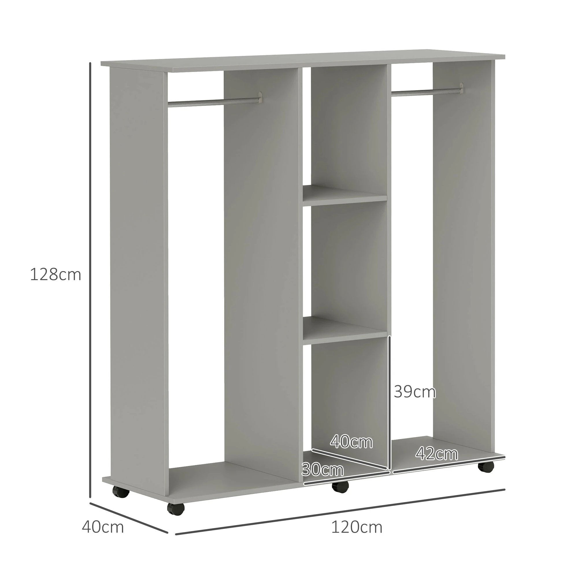 HOMCOM Mobile Double Open Wardrobe w/ Clothes Hanging Rail Clothing Grey - Wardrobe
