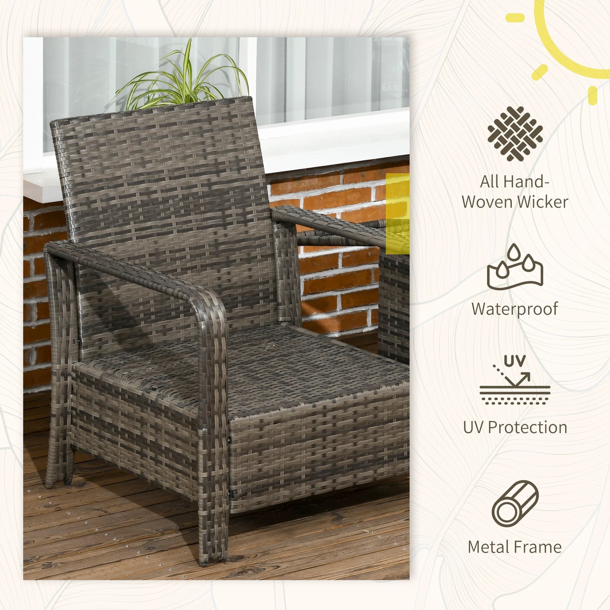 3 Piece PE Rattan Garden Sofa Set w/ 2 Chairs & Storage Table Grey Outsunny by Unbranded
