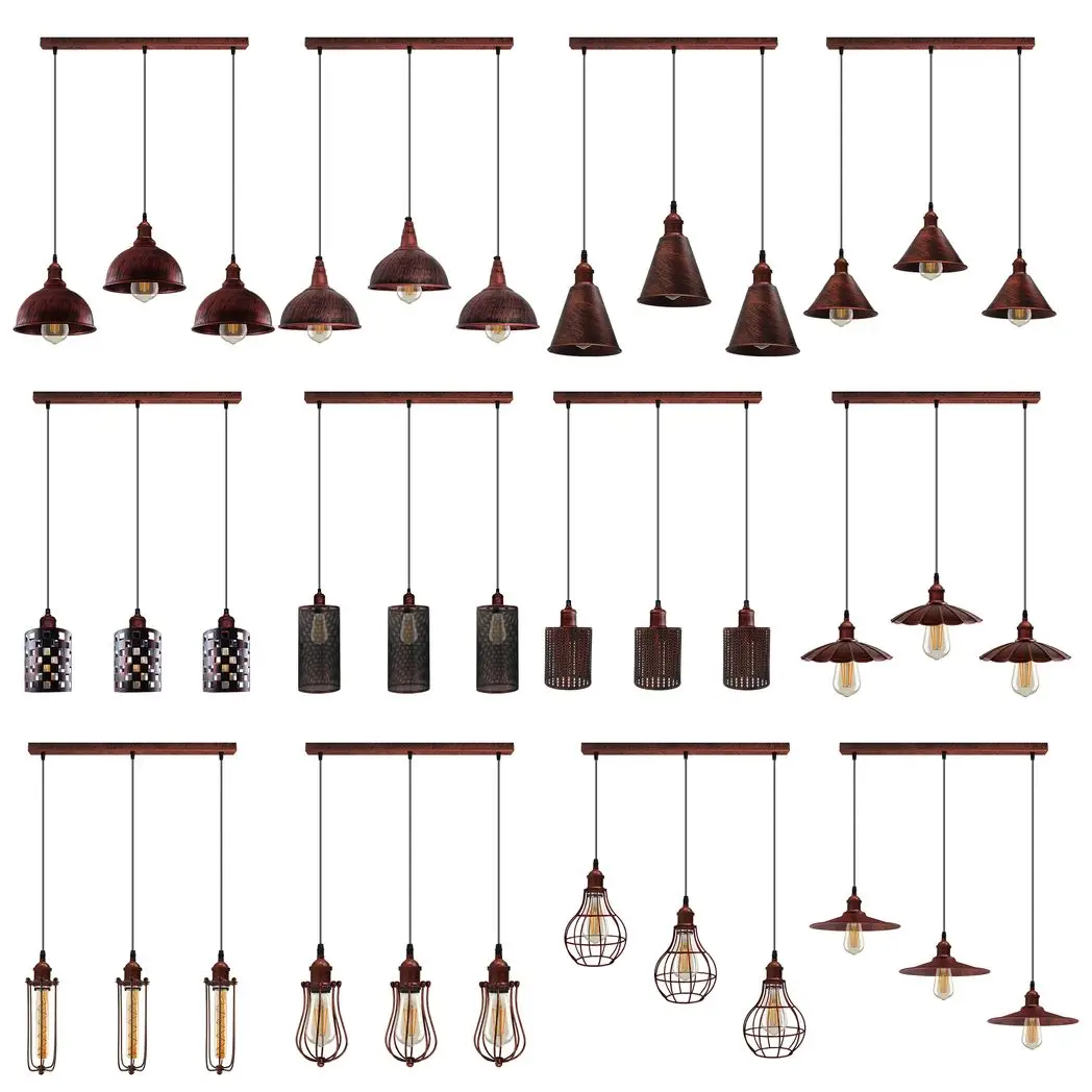 Un-branded Vintage Industrial Rustic Red 3 Head Reactangle Base Pendant Cord E27 Metal Brushed Light Fitting Ballon Cage Lamp Shade - Pendant Lights