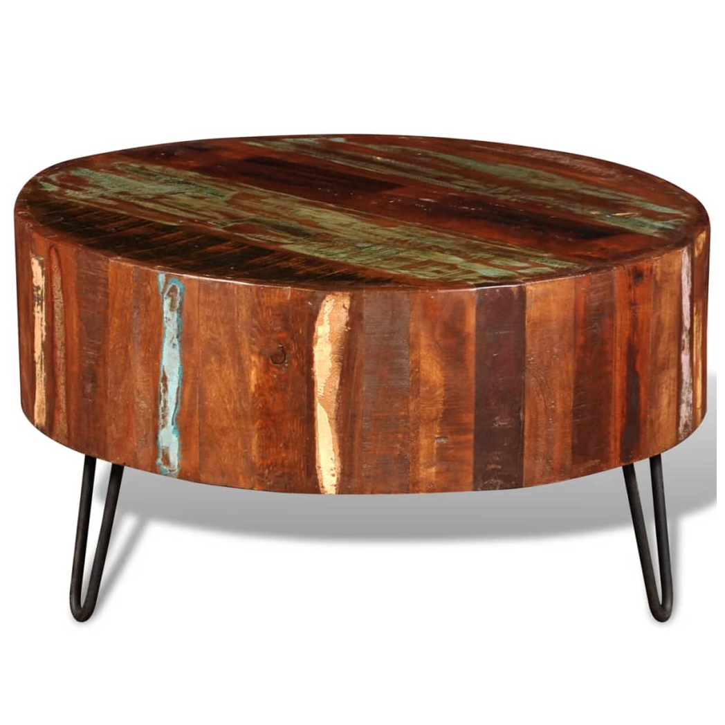 VidaXL Round Reclaimed Wood Coffee Table With Solid Top And Iron Hairpin Legs For Living Rooms by vidaXL