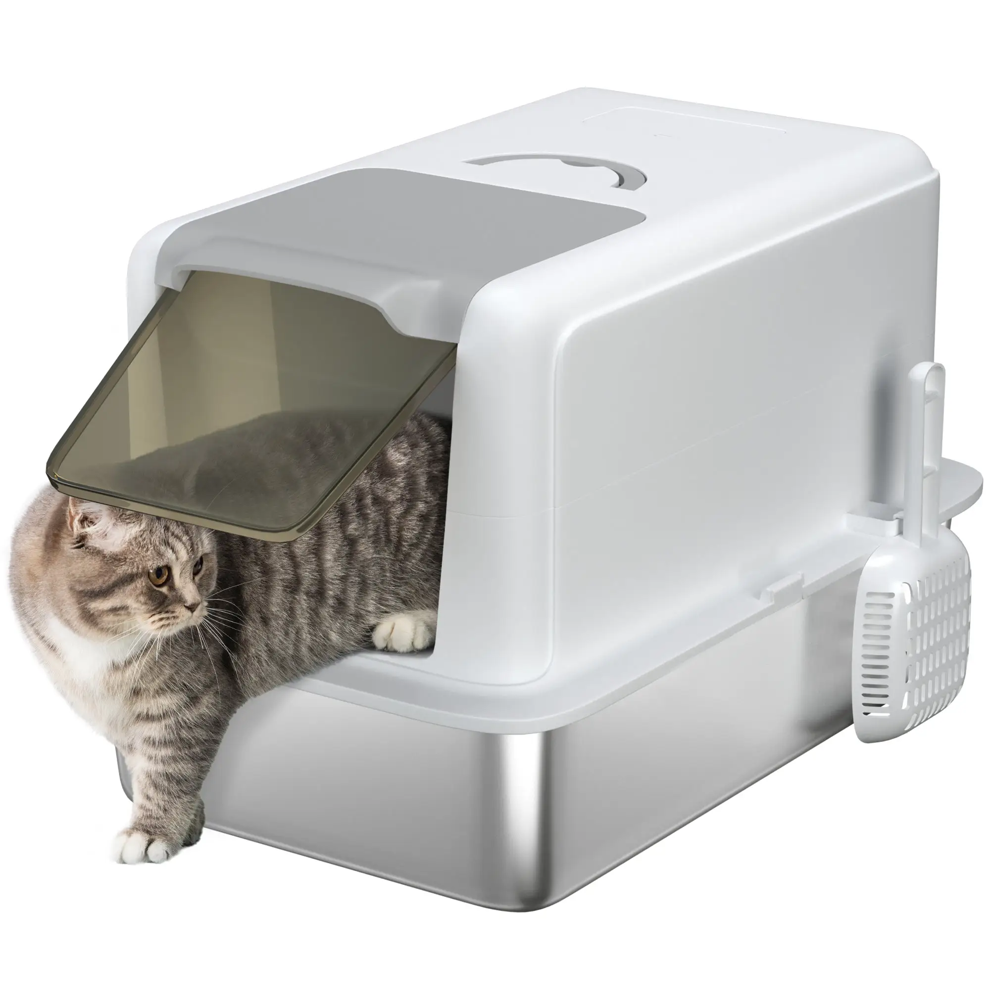 PawHut Stainless Steel Cat Litter Box with Removable Lid & Scoop, White - Cat Litter