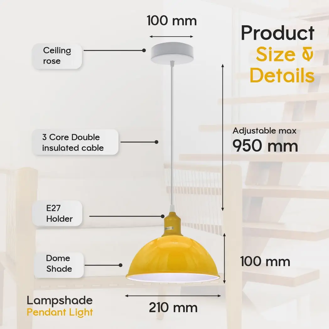Un-branded 2Pack Dome Shaped Yellow Loft Style Sturdy Metal Lamp Shade Pendant Lights 21cm Bottom Spray Painted Finish Inner White - Ceiling Lights