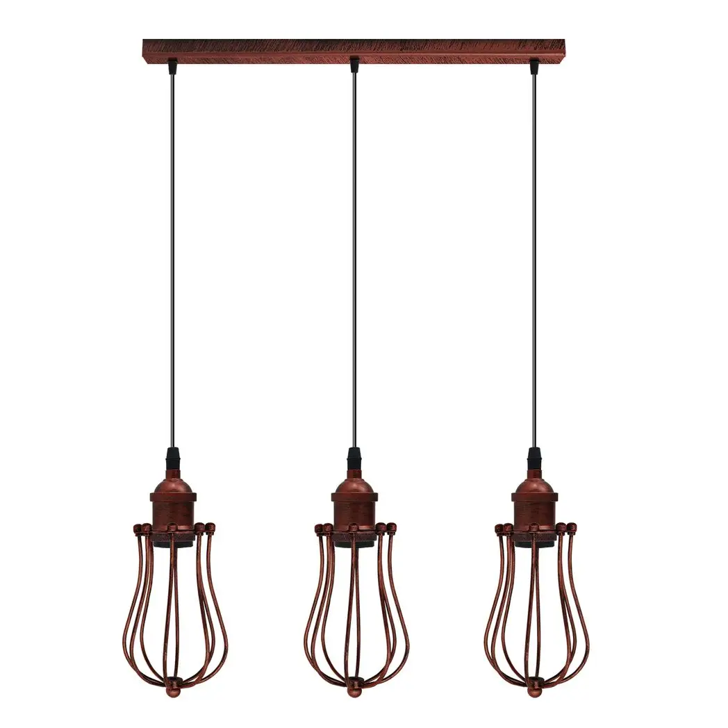 Un-branded Vintage Industrial Rustic Red 3 Head Reactangle Base Pendant Cord E27 Metal Brushed Light Fitting Ballon Cage Lamp Shade - Pendant Lights
