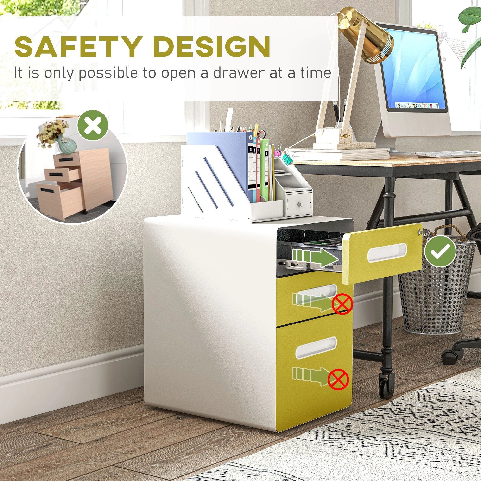 Vinsetto Vinsetto 3 Drawer Modern Steel Filing Cabinet w/ 4 Wheels Lock Box - Filing Cabinet