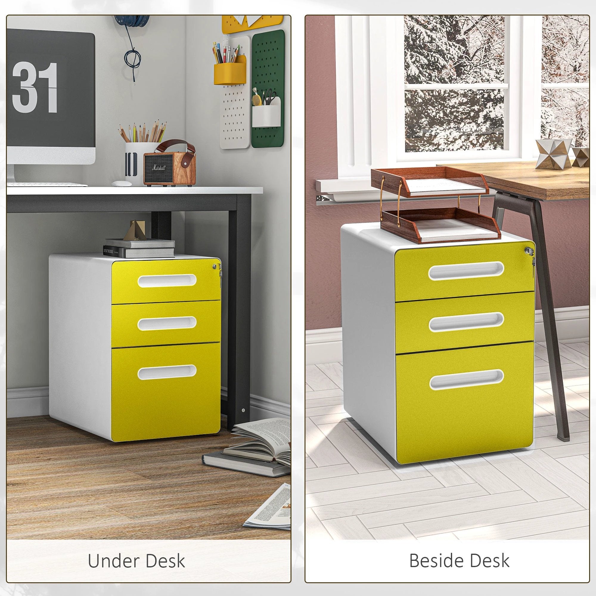 Vinsetto Vinsetto 3 Drawer Modern Steel Filing Cabinet w/ 4 Wheels Lock Box - Filing Cabinet