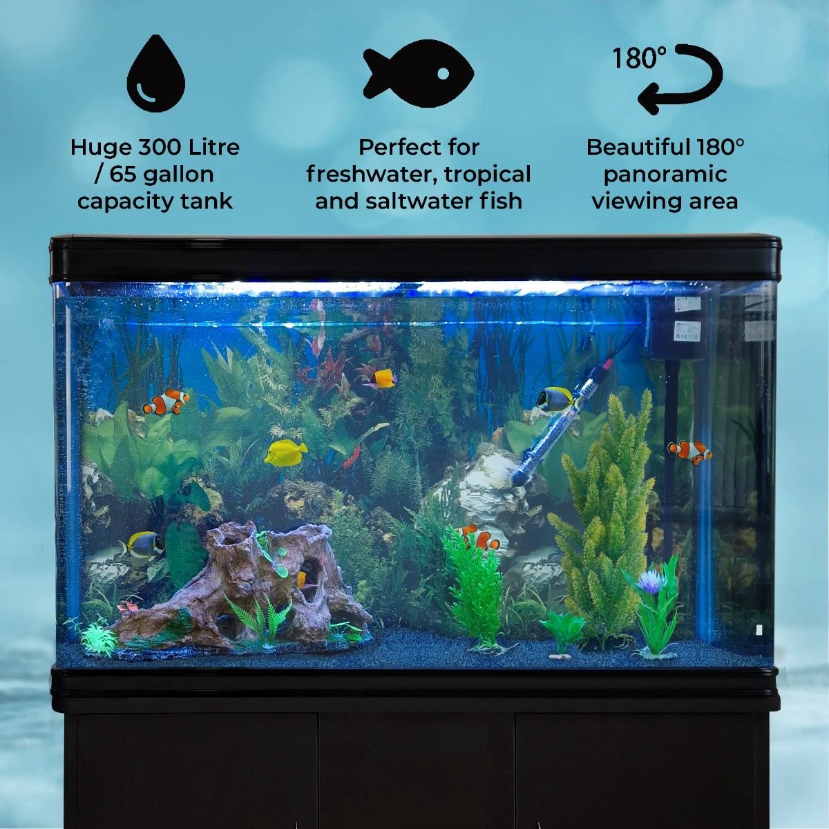Monster Shop Aquarium Fish Tank & Cabinet with Complete Starter Kit - Black Tank & Blue Gravel -