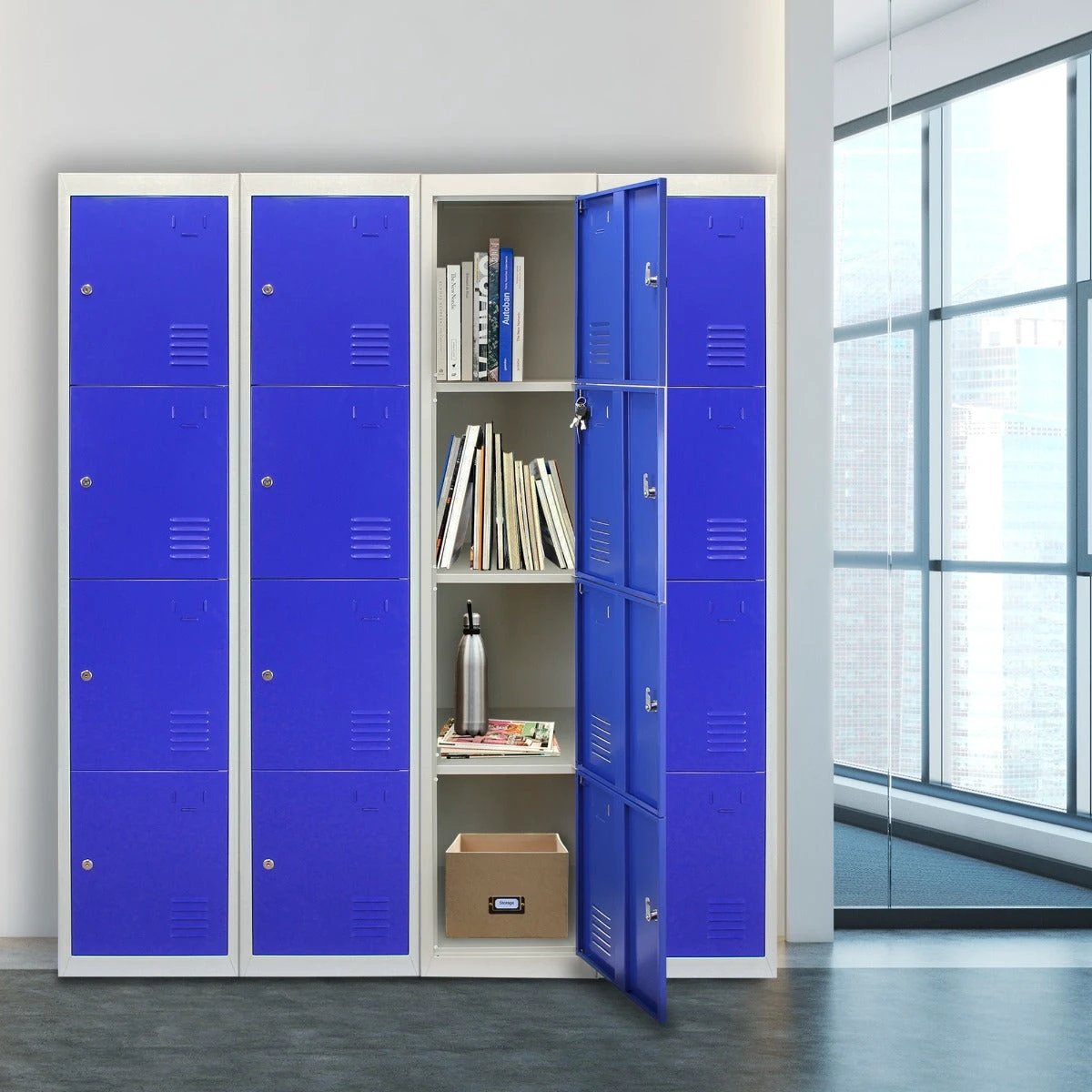 Monster Shop Metal Storage Lockers - Four Doors, Flatpacked, Blue -