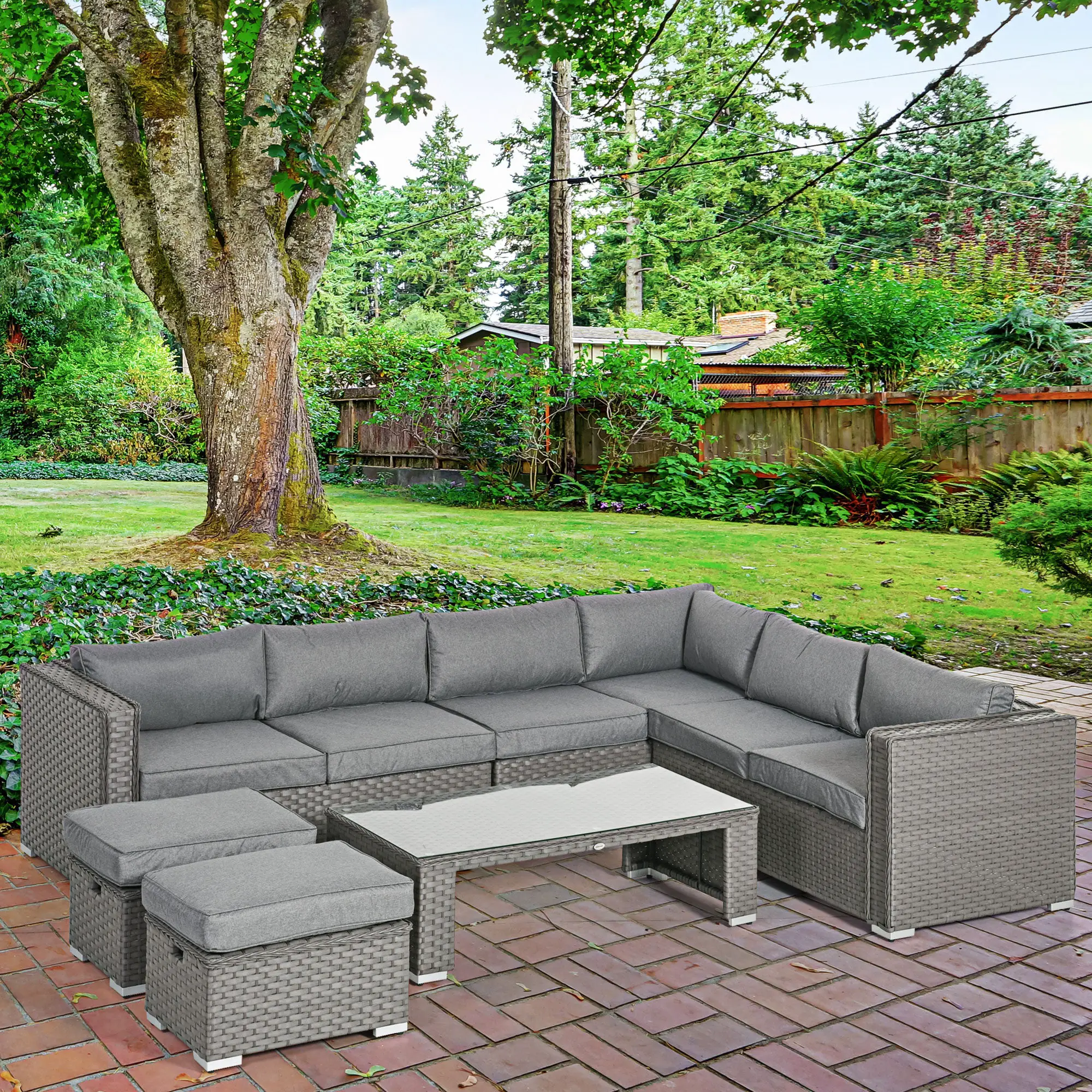 Outsunny 6 PCs PE Rattan Wicker Corner Sofa Set Coffee Table Footstool w/ Cushion - Grey - Garden Sofa Sets