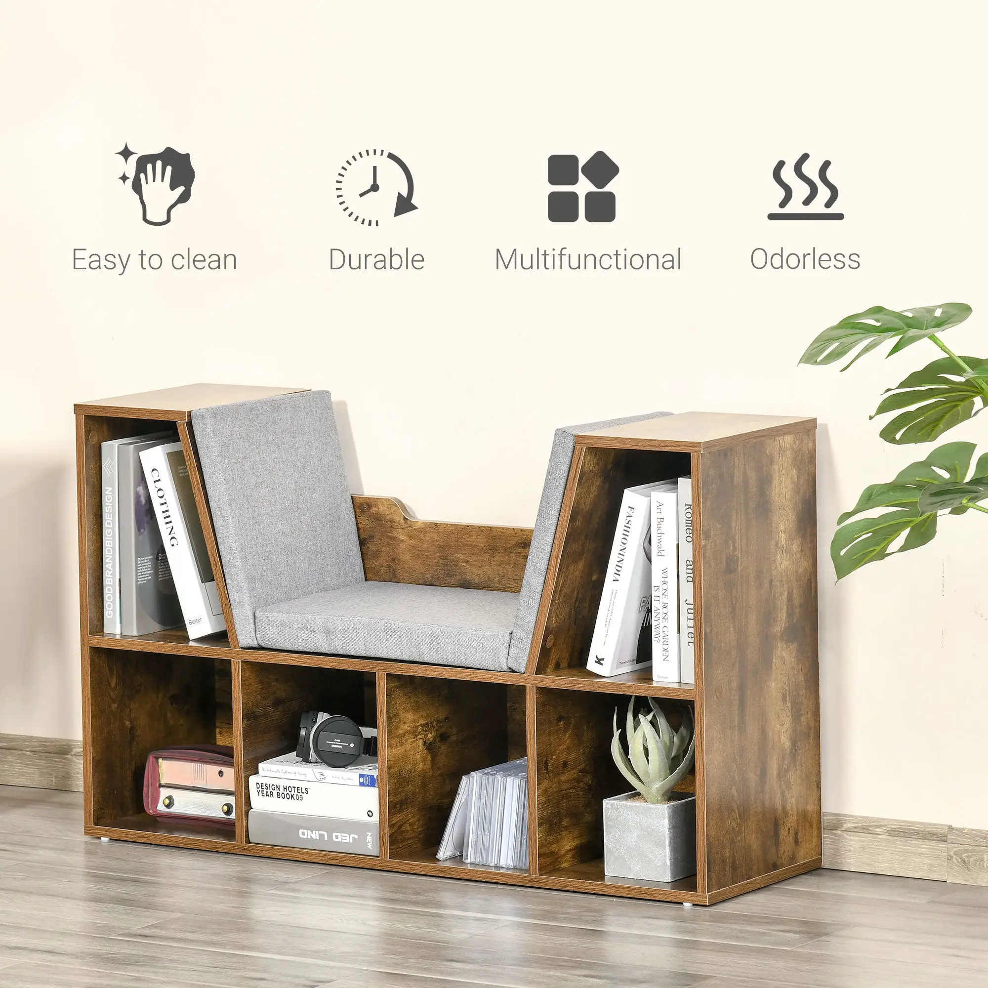 HOMCOM Bookcase Storage Reading Seat Unit Kids Adults Six Cubes Brown - Bookcase