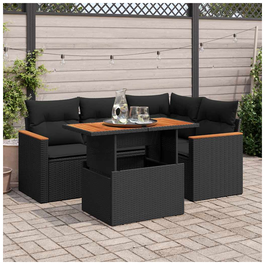 vidaXL vidaXL 5 Piece Garden Sofa Set with Cushions Black Poly Rattan Acacia - Garden Sofa Sets