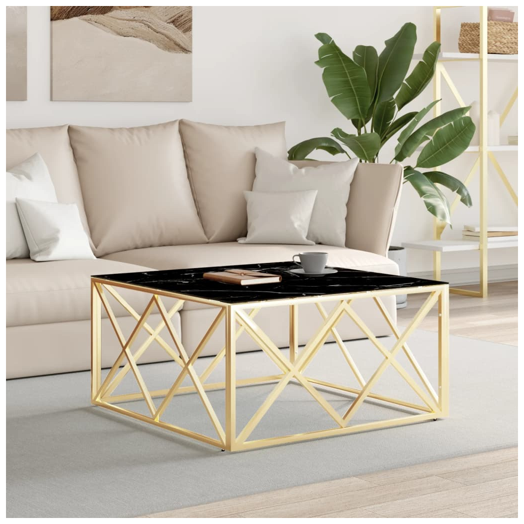 vidaXL Coffee Table 80x80x40 cm Gold Stainless Steel Marble Pattern Glass Top Living Room by vidaXL