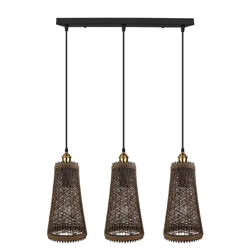 Dining Room Rattan Pendant Light - 3-Head Wicker Basket Style (Adjustable)