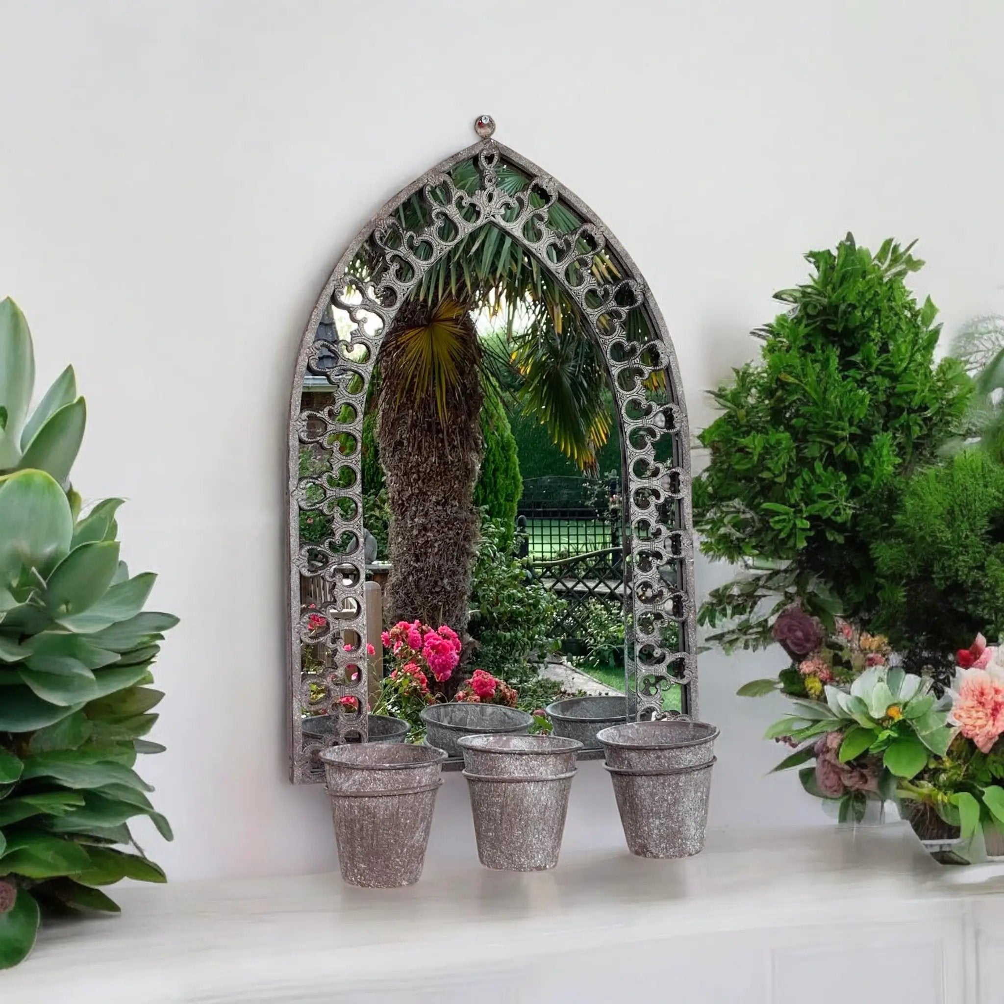 MSL 78CM RUSTY WALL MIRROR WITH TRIPLE PLANTER - Planters