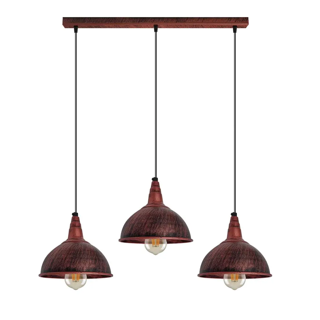 Un-branded Vintage Industrial Rustic Red 3 Head Reactangle Pendant Cord E27 Base Metal Brushed Light Fitting Small Dome Lamp Shade - Pendant Lights