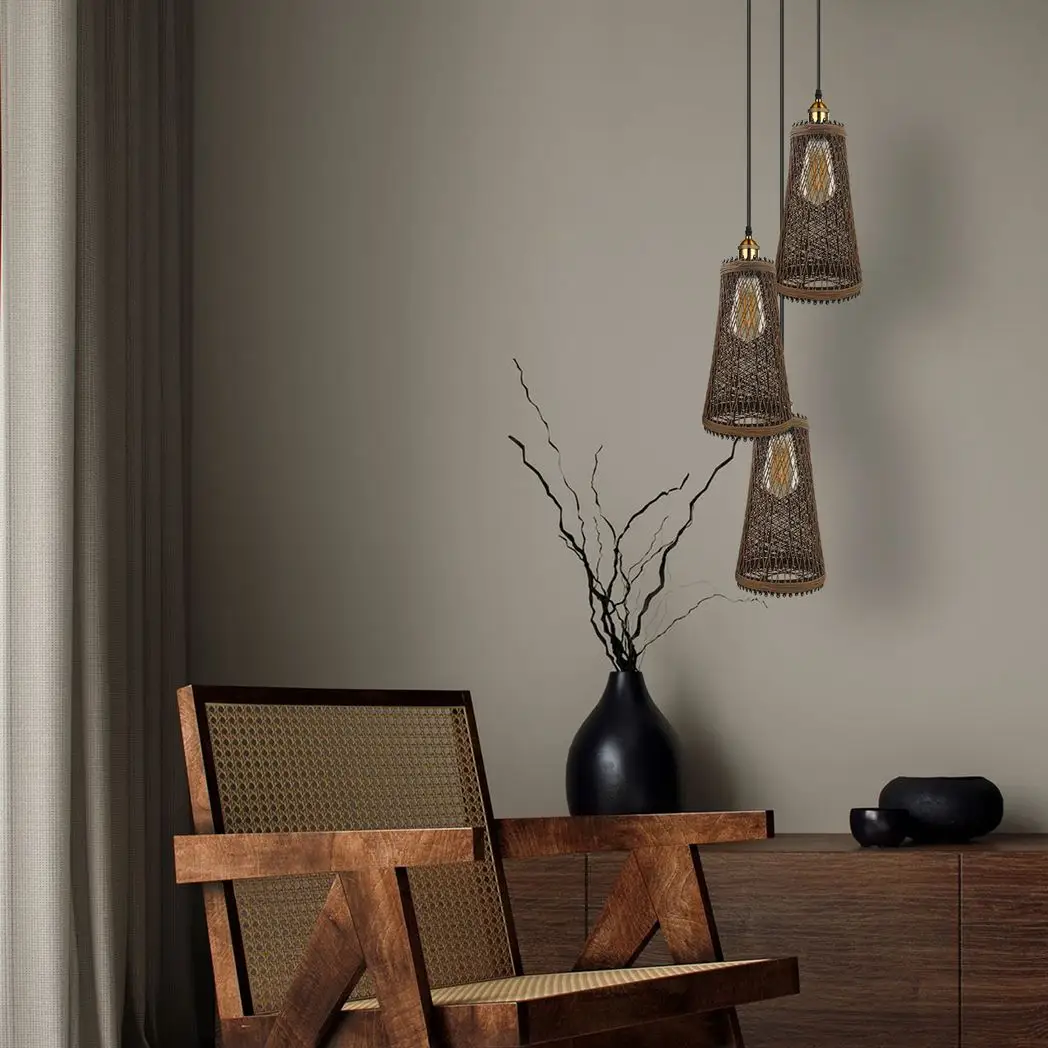 LEDSONE 3 Head Natural Wicker Basket Style Retro Industrial Vintage Rattan Ceiling Pendant - Pendant Lights