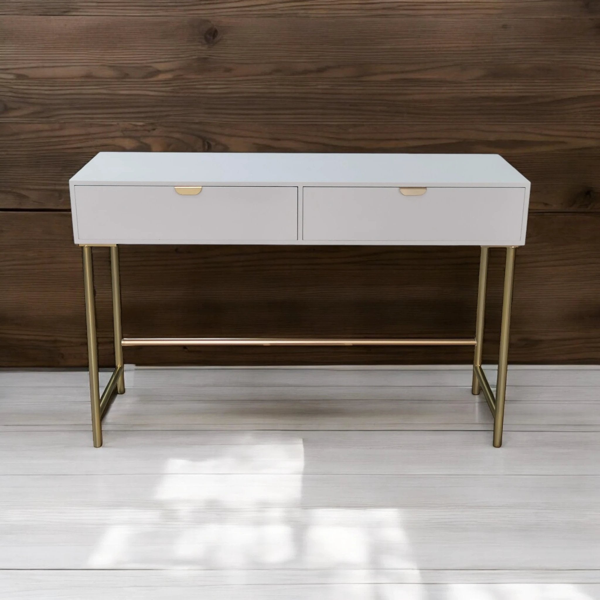 Elegant White Wooden Side Table 120cm Two Drawer Scalloped Edge Gold Leg Bedroom Decor by MSL