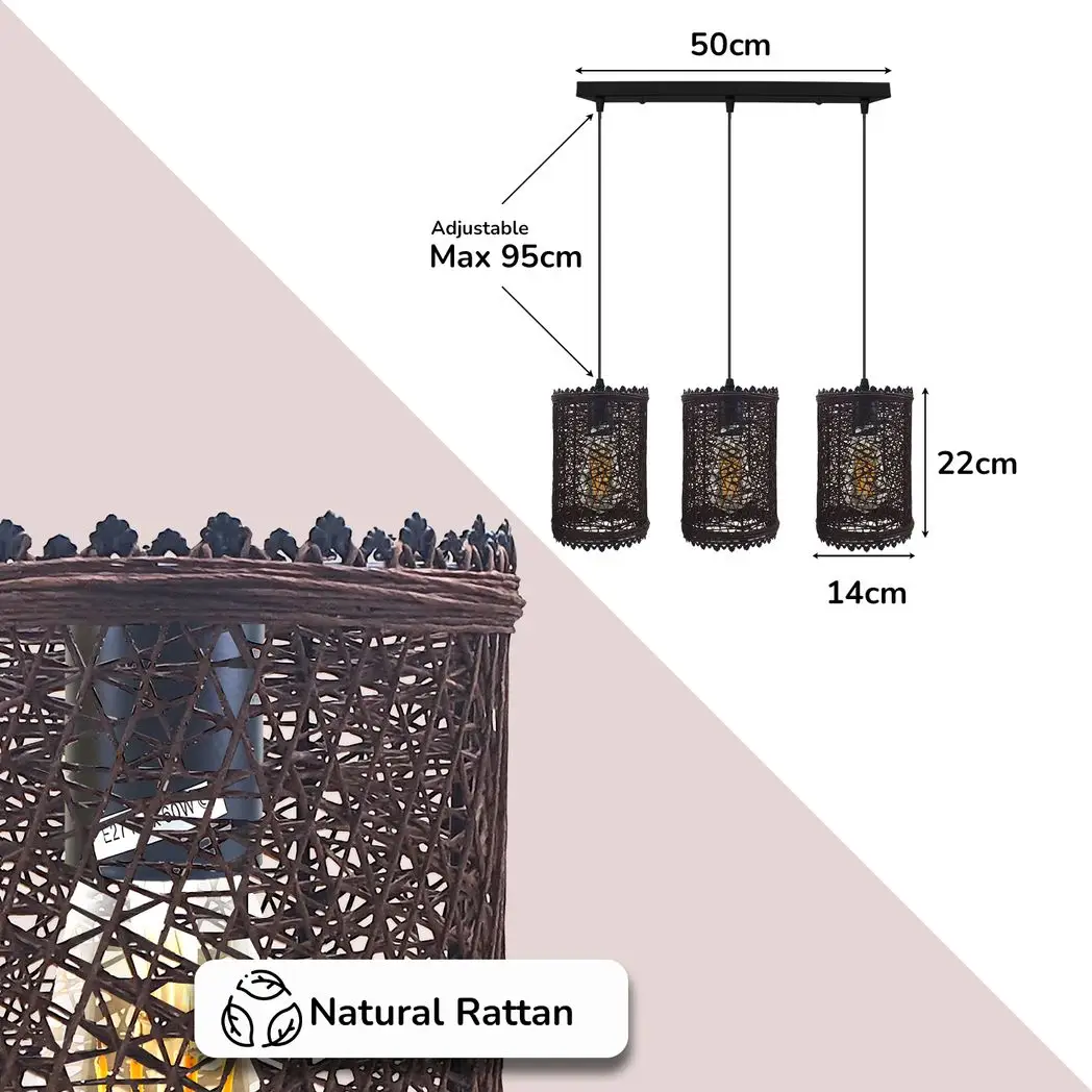 LEDSONE 3 Head Rectangle Base Natural Wicker Rattan Ceiling Pendant Light Shade - Pendant Lights