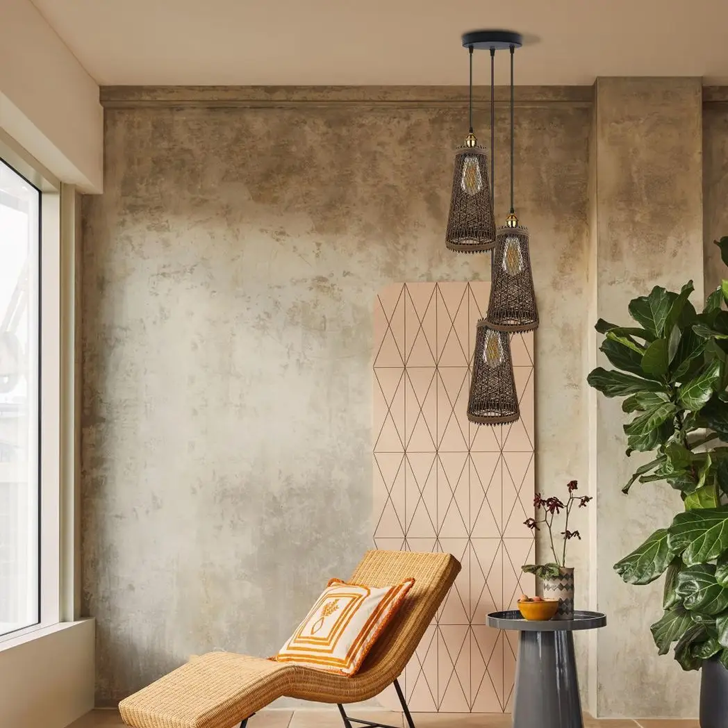 LEDSONE 3 Head Natural Wicker Basket Style Retro Industrial Vintage Rattan Ceiling Pendant - Pendant Lights