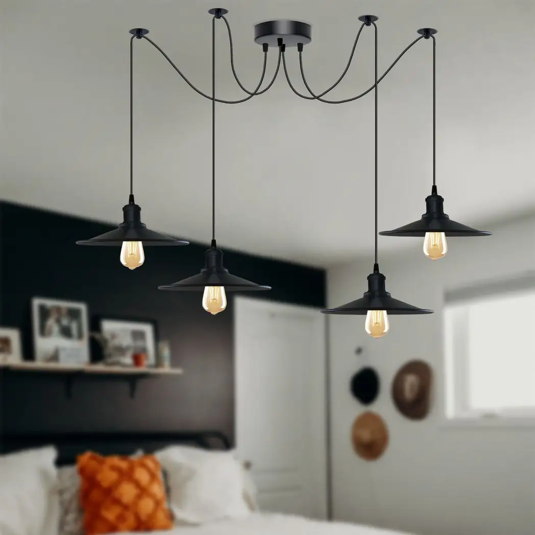 Un-branded Black Vintage 4 Head Cone shaped shade Ceiling Pendant Light Fitting with Adjustable Cord Hanging Light Fixture - Pendant Lights