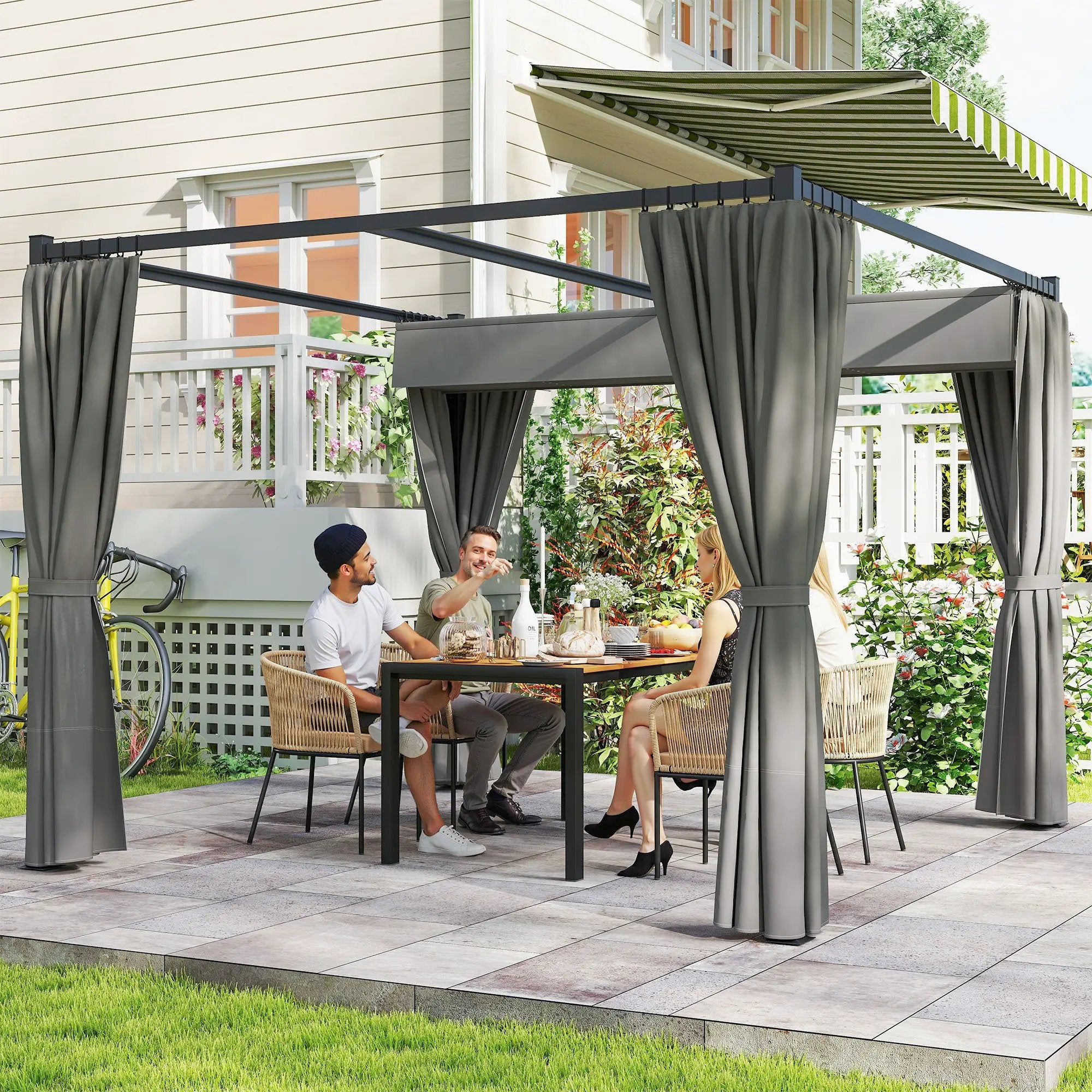 Outsunny Outsunny 3 x 3(m) Pergola with Retractable Roof and Curtains, Light Grey - Gazebos
