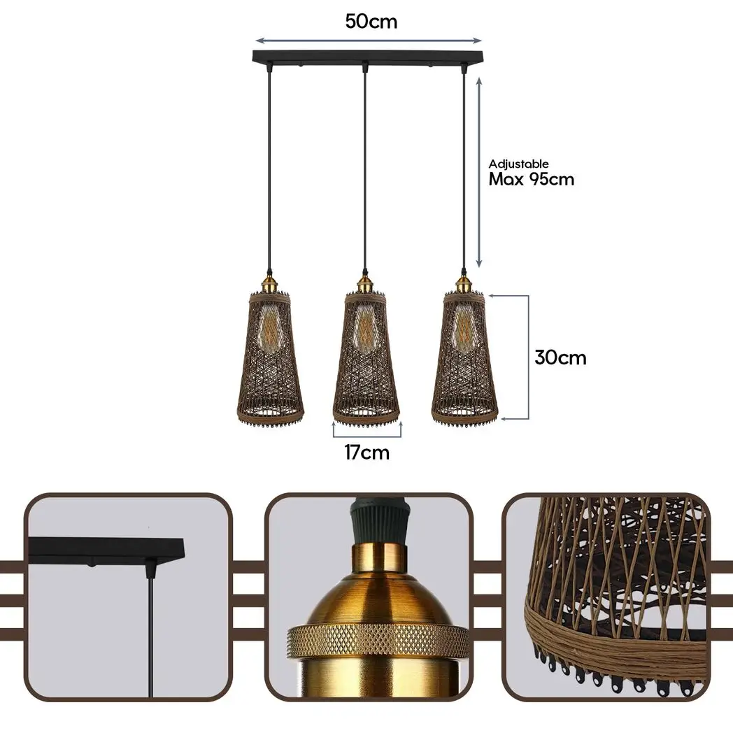 Dining Room Rattan Pendant Light - 3-Head Wicker Basket Style (Adjustable)