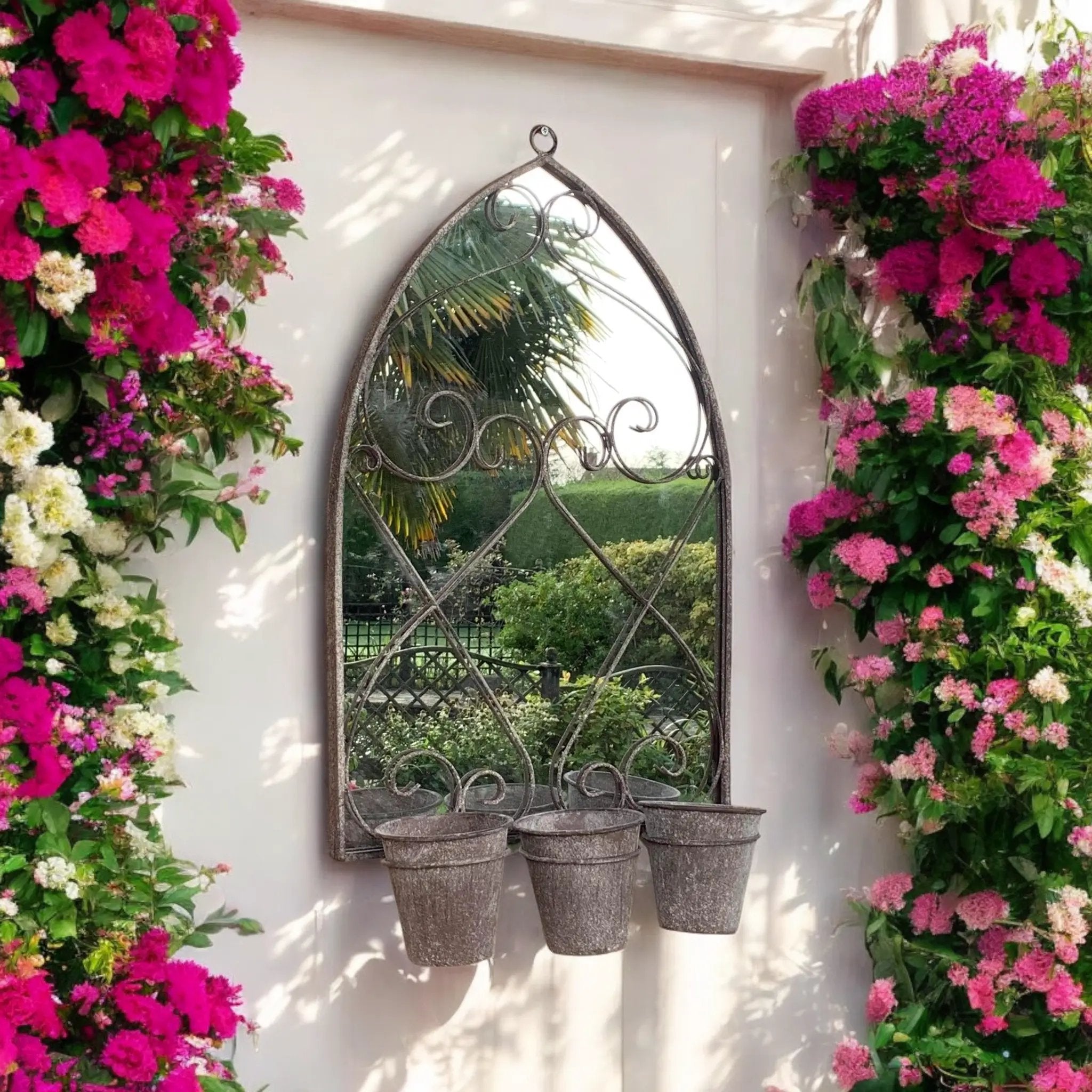 MSL 73CM RUSTY WALL MIRROR WITH TRIPLE PLANTER - Planters
