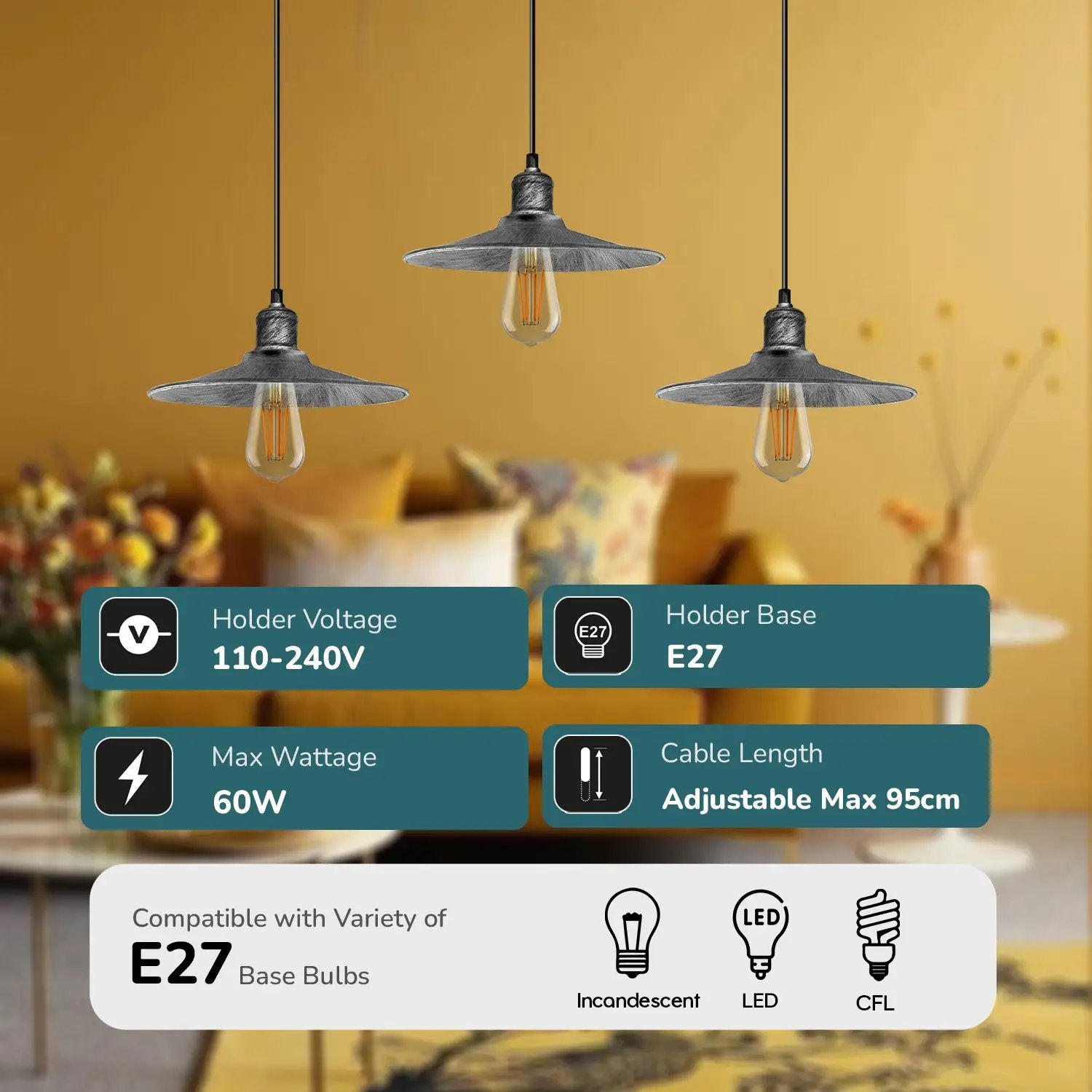 LEDSONE 3 Head Rectangle Base Vintage Ceiling Pendant Light Shade Hanging Lamp - Pendant Lights