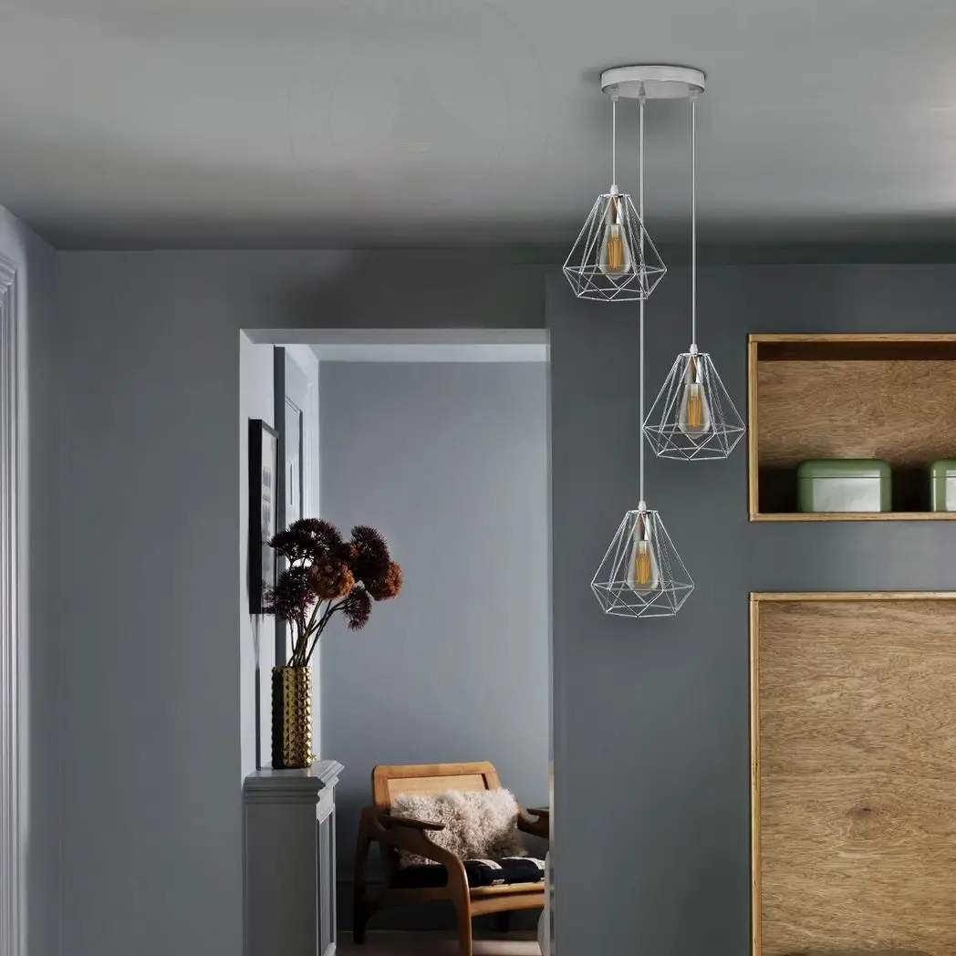 LEDSONE 3 Head Round Base Chrome Vintage Metal 20cm Diamond Wire Cage E27 Base Ceiling Pendant Light Fitting - Pendant Lights