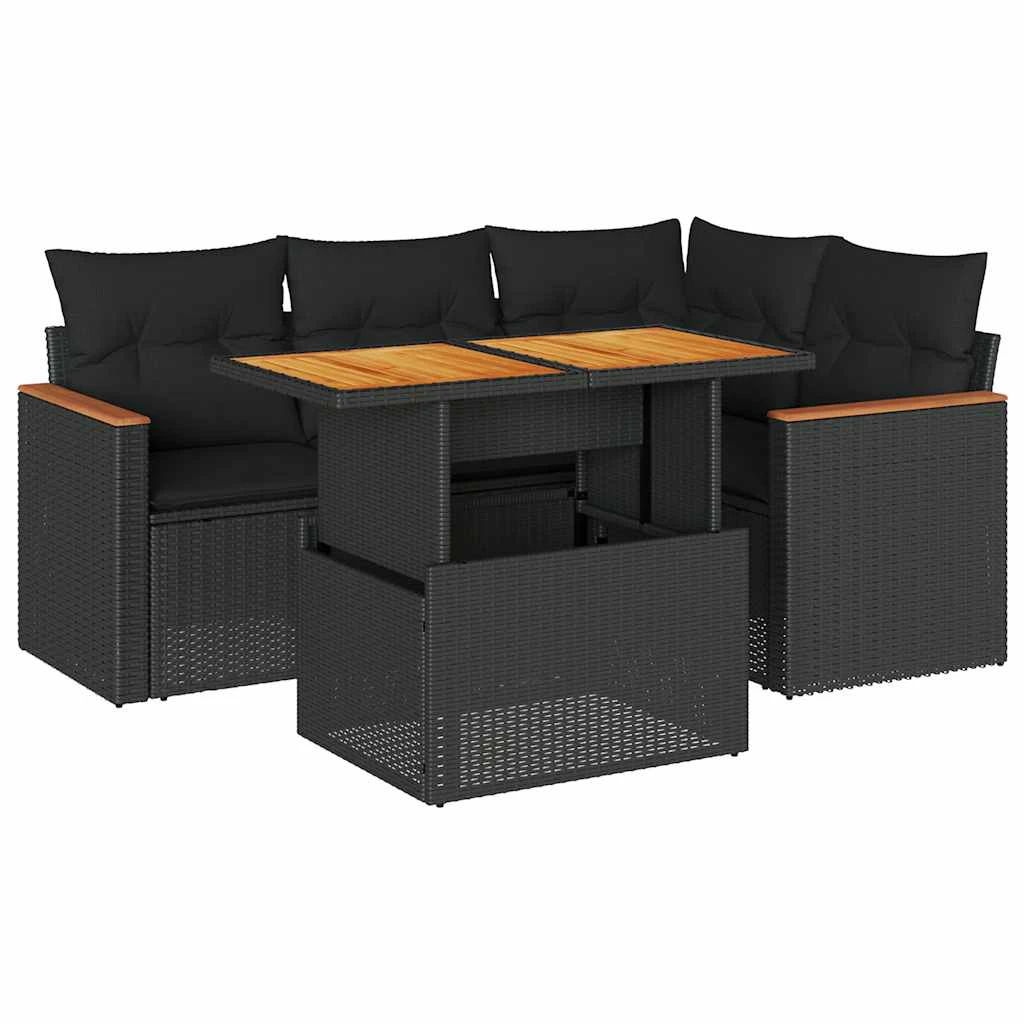 vidaXL 5 Piece Garden Sofa Set with Cushions Black Poly Rattan Acacia by vidaXL