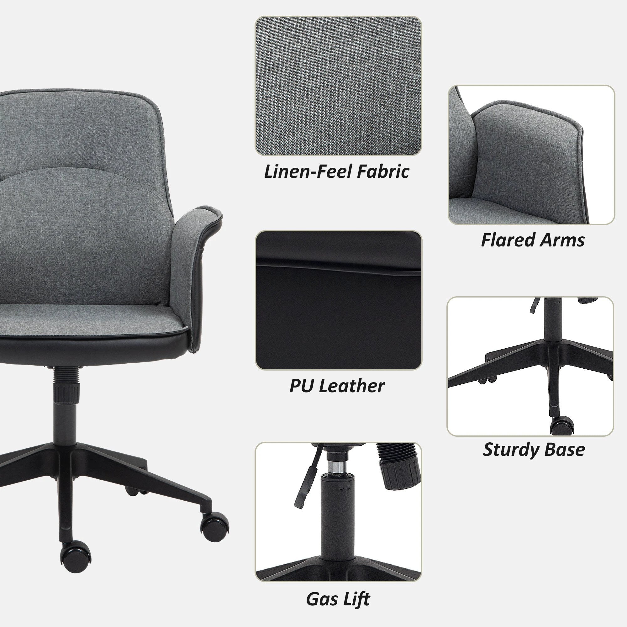 HOMCOM Office Chair, Linen Desk Chair with Adjustable Height Grey by HOMCOM