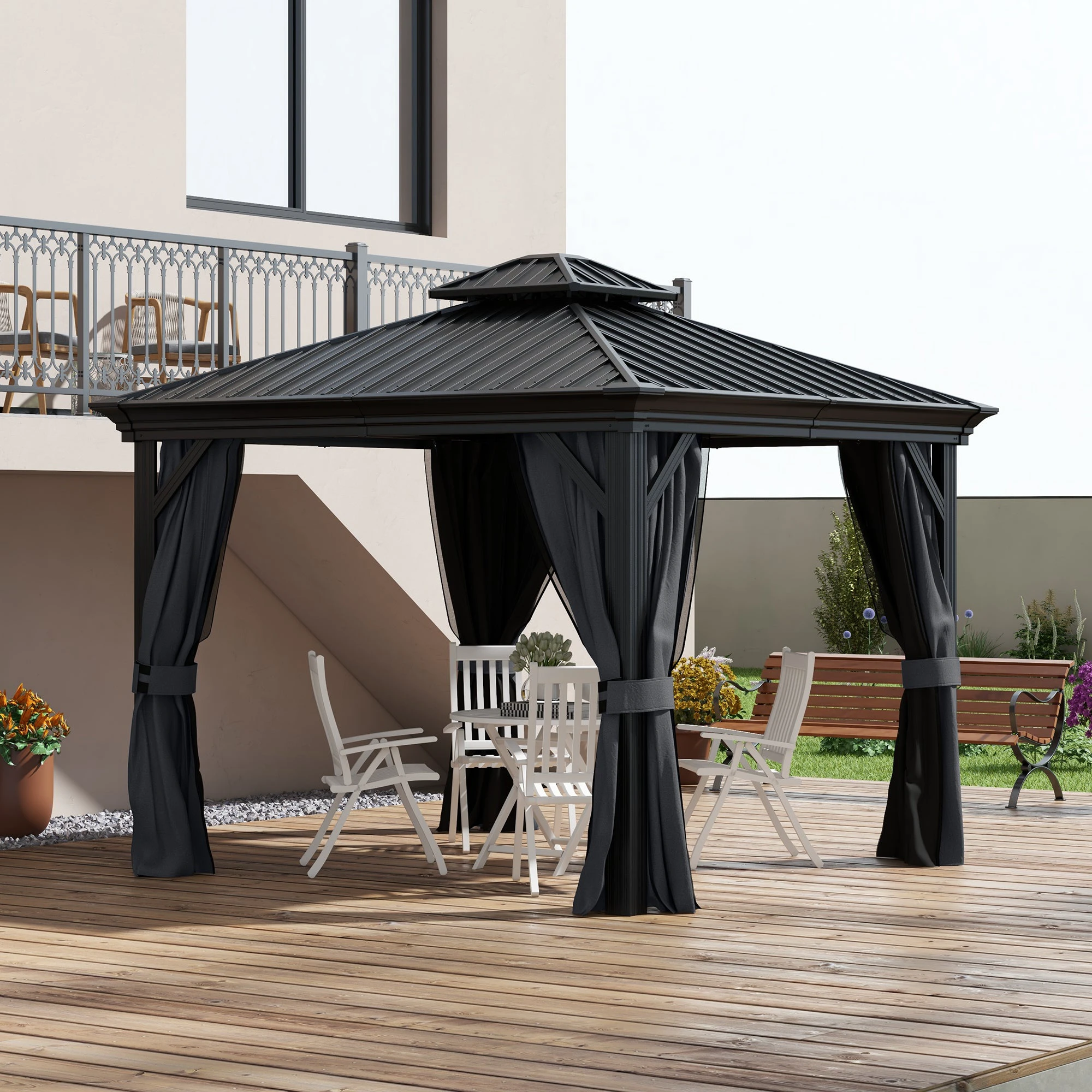 Outsunny Outsunny 3 x 3.7m Aluminium Outdoor Hardtop Gazebo Canopy 2-Tier Roof Dark Grey - Gazebos