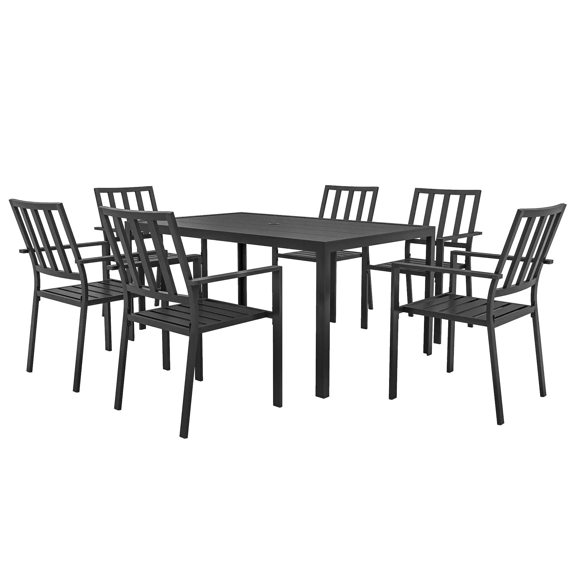 Outsunny Outsunny 7 PCs Garden Dining Set w/ Stackable Chairs and Metal Top Table, Black - Garden Set