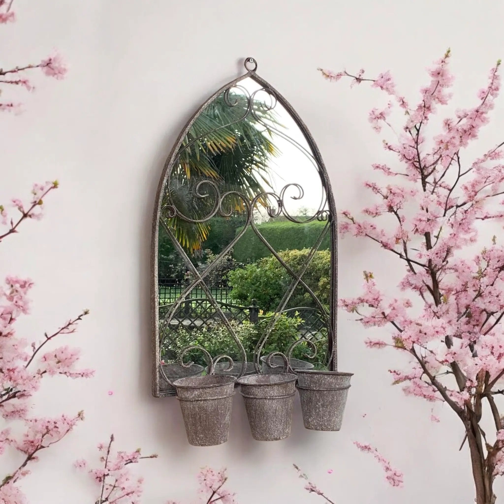 MSL 73CM RUSTY WALL MIRROR WITH TRIPLE PLANTER - Planters