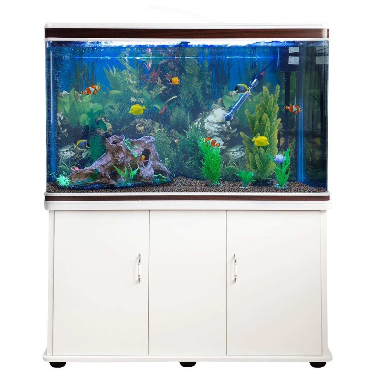 Monster Shop Aquarium Fish Tank and Cabinet with Complete Starter Kit - White Tank with Natural Gravel -