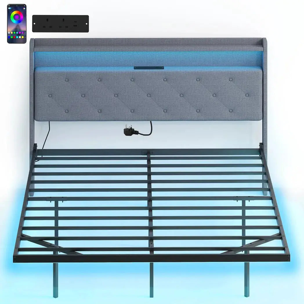 HOMCOM Floating Bed Frame, Upholstered 5ft King Size Bed, Platform Bed with RGB LED Lights and Charging Station, Grey - from HOMCOM