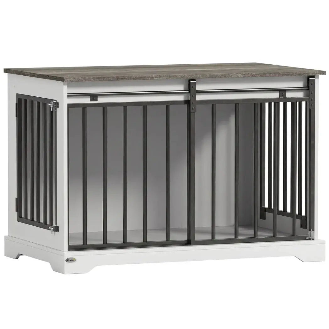 PawHut 100 cm Large Dog Crate Furniture with Sliding Barn Door for Large Dogs, White - from PawHut
