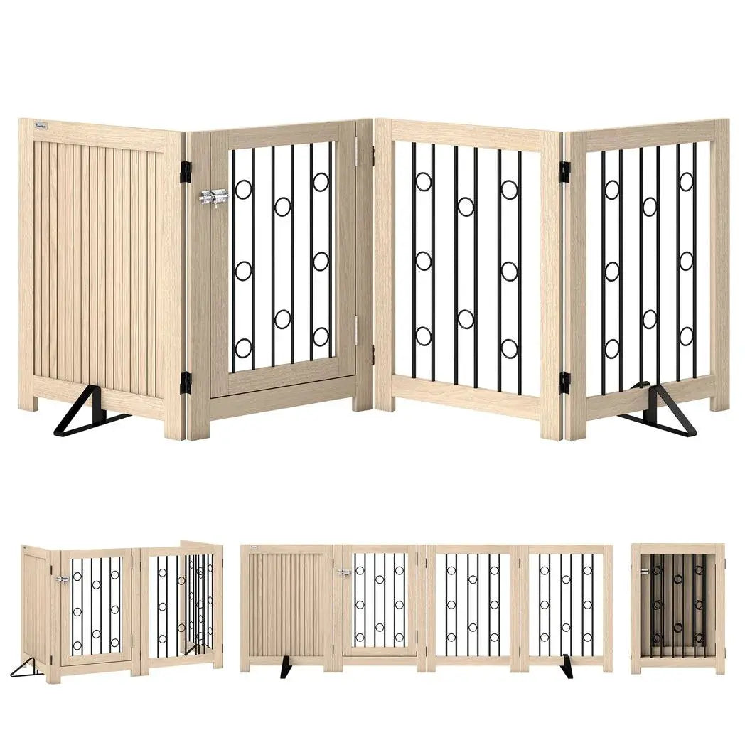 PawHut 4 Panel Freestanding Pet Gate, Indoor Dog Barrier with Lockable Door, Support Feet, 360° Flexible Hinges, Oak - from PawHut