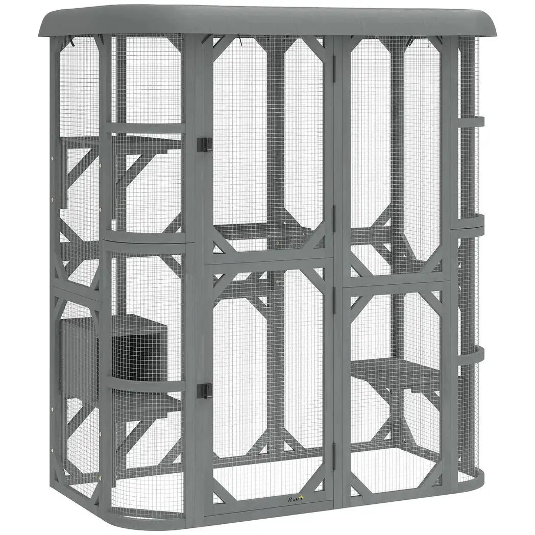 PawHut Catio Outdoor Cat Enclosure, Wooden Cat House with Platforms, Condo and Waterproof Cover for 2?3 Kittens, Grey - from PawHut